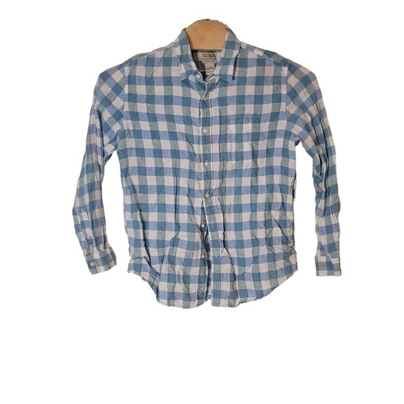 L.L. Bean Linen Button Up Shirt Long Sleeve Blue Green White Plaid Size Large - Picture 1 of 5
